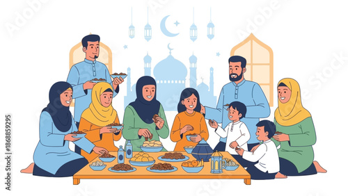 Muslim Family Gathering for Iftar during Ramadan, sharing a meal.