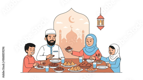 Muslim Family Enjoying Iftar Meal Together During Ramadan.