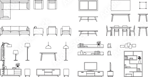 Clean CAD Outline Furniture Vector Line Art Icon Set