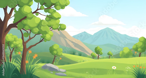 landscape, sky, grass, nature, field, green, mountain, summer, hill, tree, meadow, clouds, countryside, spring, blue, cloud, view, hills, mountains, scenery, vector, valley