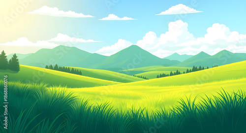 green, grass, blue, sky, landscape, cartoon, nature, outdoor, meadow, field, hills, countryside, rural, scenery, background, sunny, daylight, spring, summer, fresh, bright, peaceful, calm, serene, cut