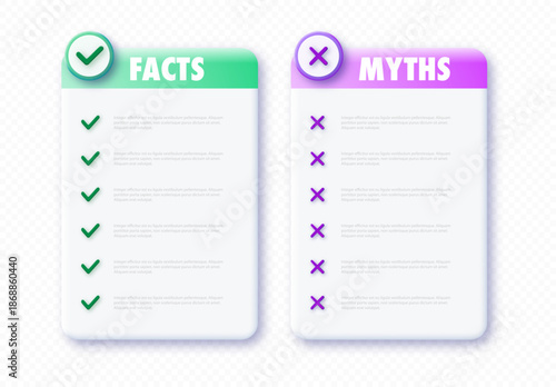 Myths vs facts frame template isolated on transparent background. Fact checking or easy compare evidence for test, quiz, game, news