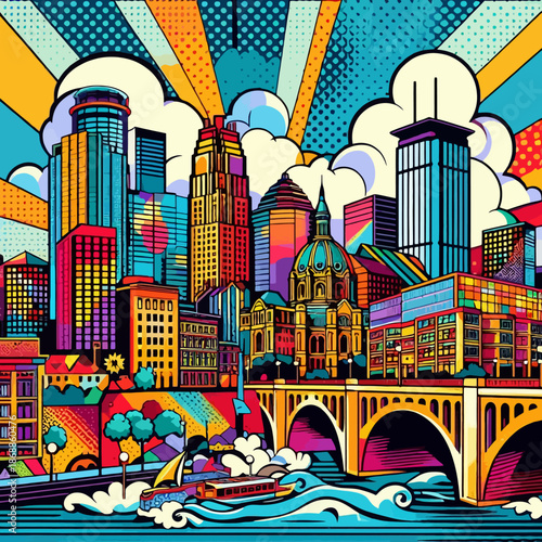 An electric, pop-art tribute to Minneapolis. Bold outlines and halftone dots bring the Stone Arch Bridge and skyscrapers to life in a neon explosion of pink, teal, and gold. Vibrant and high-energy.