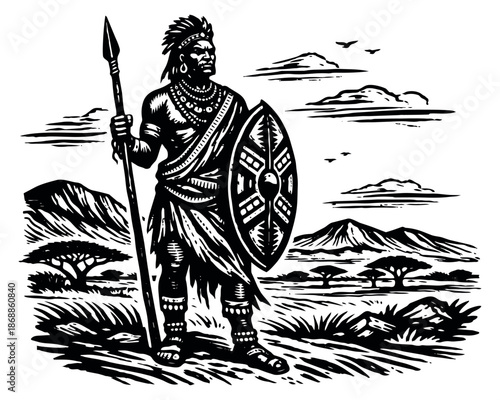 Hand drawn illustration of an african warrior depicting a tribal figure with a spear and shield in a savanna landscape