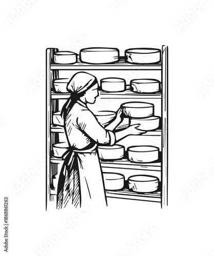 Man cheesemaker preparing fresh artisan cheese wheels sketch