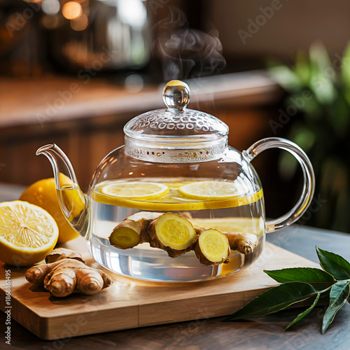 Natural Immunity Boosting Tea with Ginger and Lemon Close Up
