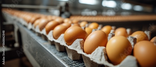 Fresh eggs in cartons on a conveyor belt in a commercial food production setting