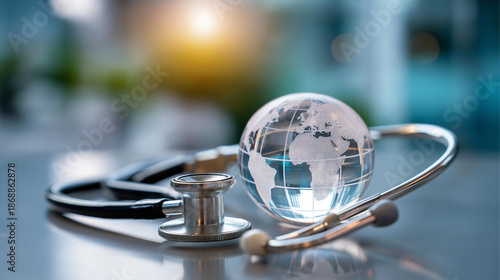 Transparent crystal glass globe sphere with medical stethoscope instrument global healthcare system concept international medicine access world health organization theme