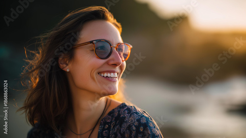 Happy young woman with natural smile enjoying sunny warm day outdoors carefree leisure moment casual lifestyle portrait pleasant weather relaxed vacation mood natural golden
