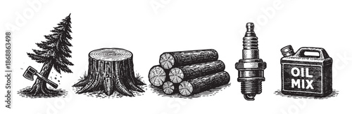 A black and white woodcut-style illustration features a fir tree, axe, tree stump, logs, spark plug, and oil mix can, suitable for themes of logging and fuel.
