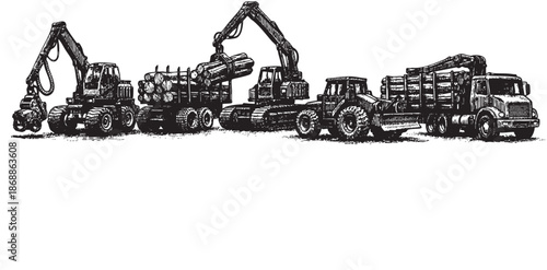 Black and white sketch of various logging machines including excavators and trucks loading and transporting logs, depicting heavy industry and forestry operations.