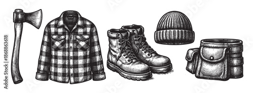 A black and white illustration depicts a lumberjack's essential gear, including a plaid shirt, sturdy boots, a beanie, an axe, and a satchel, presented against a plain white background.