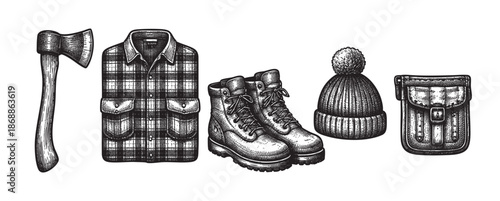 An illustrated collection of vintage outdoor adventure gear, including an axe, flannel shirt, hiking boots, beanie, and satchel, presented in a graphic style.