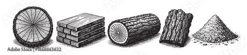 Black and white etching style illustration showing a progression of wood materials from a log slice and planks to sawdust and chips, perfect for illustrating forestry or woodworking concepts.