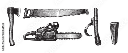 A vintage woodcut illustration depicts a collection of essential lumberjack tools including an axe, handsaw, chainsaw, cant hook, and splitting maul set against a clean white background.