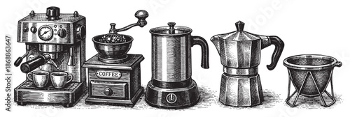 A detailed black and white engraving showcases a vintage collection of coffee making tools including an espresso machine, coffee grinder, moka pot, and pour-over brewer on a white background.