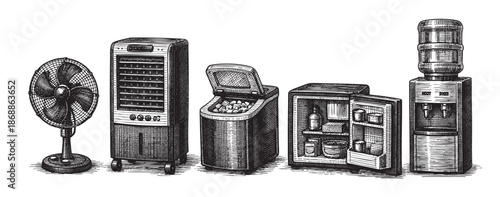 A detailed ink sketch showcases a row of vintage cooling devices including a fan, air cooler, ice chest, mini-fridge, and water dispenser against a white background.