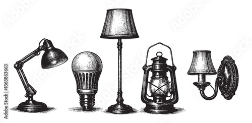 This black and white engraving features a collection of diverse lighting fixtures from different eras, including a desk lamp, LED bulb, floor lamp, oil lantern, and wall sconce.