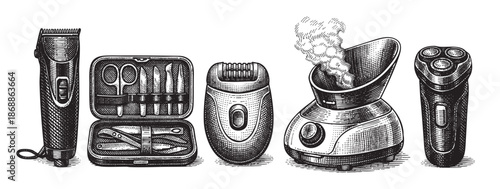A vintage, black and white illustration showcases a collection of personal grooming tools including clippers, a manicure set, an epilator, and a facial steamer, ideal for retro or historical themes.