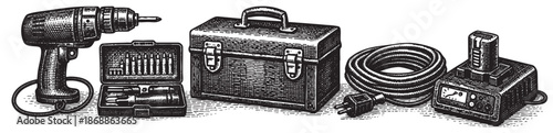 An artistic black and white illustration displays various power tools and accessories including a drill, toolbox, coiled cord, and battery charger, presented with a vintage etched look.