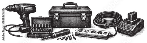 An artistic black and white illustration displays various power tools and accessories including a drill, toolbox, coiled cord, and battery charger, presented with a vintage etched look.