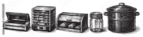 A collection of vintage kitchen appliances depicted in a detailed black and white line drawing, ideal for retro design themes or educational materials.