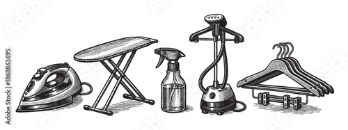 Black and white sketch illustration of various laundry and ironing tools including an iron, ironing board, spray bottle, garment steamer, and hangers.