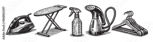 A stylized black and white woodcut illustration showcases essential laundry tools including an iron, ironing board, spray bottle, garment steamer, and hangers, suitable for domestic or textile themes.