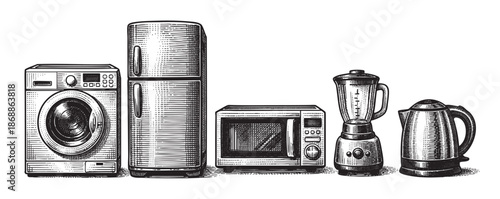 This is a black and white engraving-style illustration of various household appliances including a washing machine, refrigerator, microwave, blender, and kettle, arranged in a row against a white back