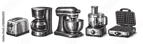 A black and white sketch style illustration features a row of vintage kitchen appliances including a toaster, coffee maker, stand mixer, food processor, and waffle maker.