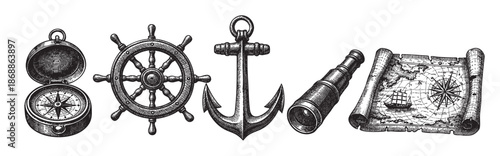 Vintage ink illustration featuring a collection of nautical symbols including a compass, ship's wheel, anchor, spyglass, and map, perfect for travel or adventure themes.