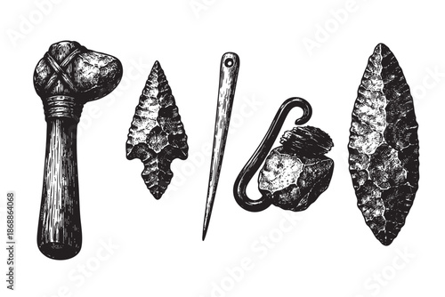 A vintage woodcut-style illustration showcasing a collection of ancient stone tools, including an arrowhead, needle, hammer, and blades, on a white background.