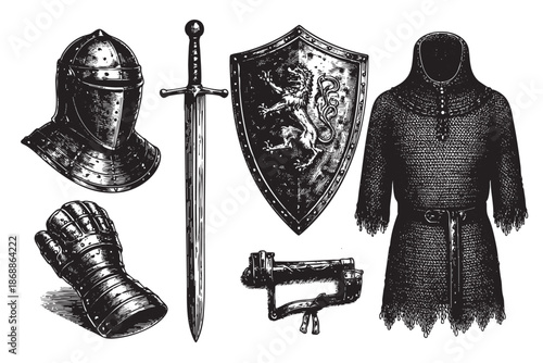 This vintage-style illustration depicts a collection of medieval knight armor and weaponry, including a helmet, gauntlet, sword, shield, and chainmail tunic, set against a clean white background.