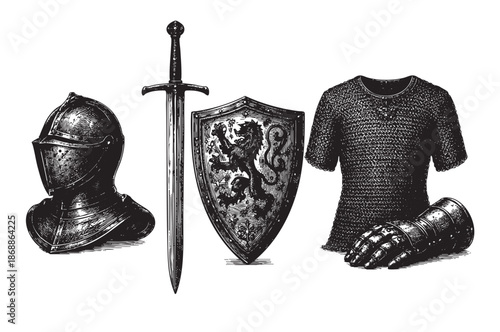 This vintage-style illustration depicts a collection of medieval knight armor and weaponry, including a helmet, gauntlet, sword, shield, and chainmail tunic, set against a clean white background.