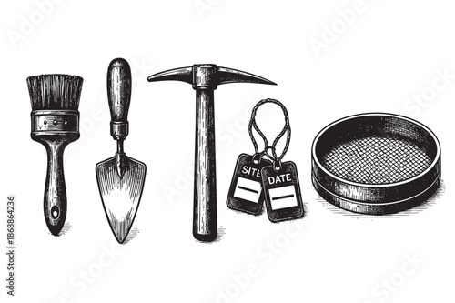 A classic black and white illustration featuring a collection of archaeological tools, including a brush, trowel, pickaxe, site tags, and sieve, arranged on a plain white background.