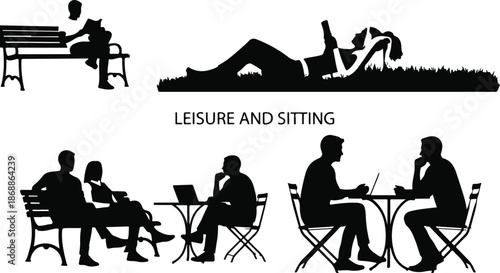 Silhouette illustrations of people relaxing sitting and lying down in leisure activities outdoors and indoors