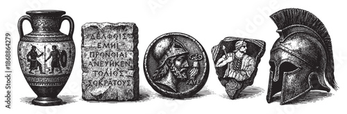 This black and white illustration features a collection of ancient Greek artifacts including a vase, inscribed tablet, coin, and helmet, evoking historical themes.
