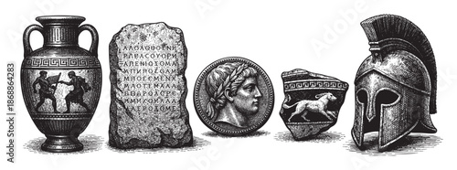 A detailed black and white engraving showcases a collection of ancient Greek artifacts, including an amphora, inscribed stone, coin, pottery fragment, and helmet, suggesting history and culture.