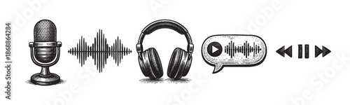 A series of black and white line art icons representing audio elements, including a vintage microphone, sound waveforms, headphones, a speech bubble with a play button, and media controls.