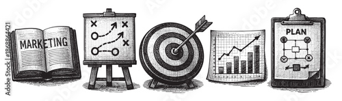 A sketch displays a marketing book, strategy board, target with arrow, bar chart, and a plan clipboard, illustrating business strategy and analysis.