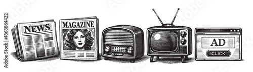 A retro, woodcut-style illustration depicts the progression of media from a newspaper and magazine to a radio, television, and finally an online advertisement.