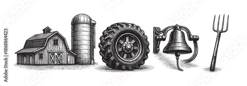 A vintage-style black and white illustration showcases iconic farm elements including a barn, silo, tractor tire, bell, and pitchfork against a clean white background.