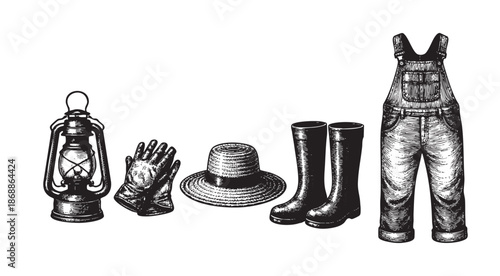 A collection of vintage workwear items including overalls, boots, a hat, gloves, and a lantern, rendered in a classic black and white sketch style.