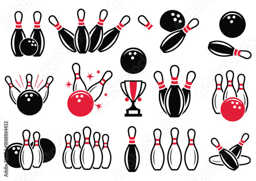 Bowling symbols with equipment and decorative elements, vector illustration set featuring pins, balls, lanes, and stylish design accents for sports graphics