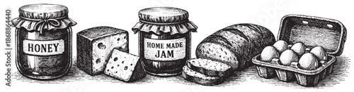 An etched illustration showcasing vintage jars of honey and jam, a loaf of bread with slices, cheese, and eggs in a carton on a textured surface.