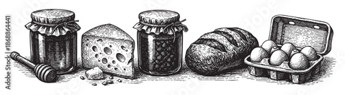 A detailed black and white pen and ink illustration of a rustic assortment of food items including jars of jam, a wedge of cheese, a loaf of bread, and a carton of eggs, in a vintage style.