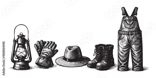 A collection of vintage workwear items including overalls, boots, a hat, gloves, and a lantern, rendered in a classic black and white sketch style.