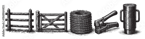 A detailed woodcut illustration displays a rustic farm scene with various fencing elements including wooden gates, barbed wire, a fencing stapler, and a wire spool, set against a white background.