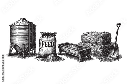 A vintage illustration showcases farm essentials including a silo, a bag labeled FEED, a feeding trough filled with grain, hay bales, and a shovel against a white background.