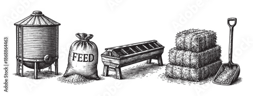 This vintage-style black and white illustration features a collection of farm equipment including a silo, a bag of feed, a trough, hay bales, and a shovel with grain.